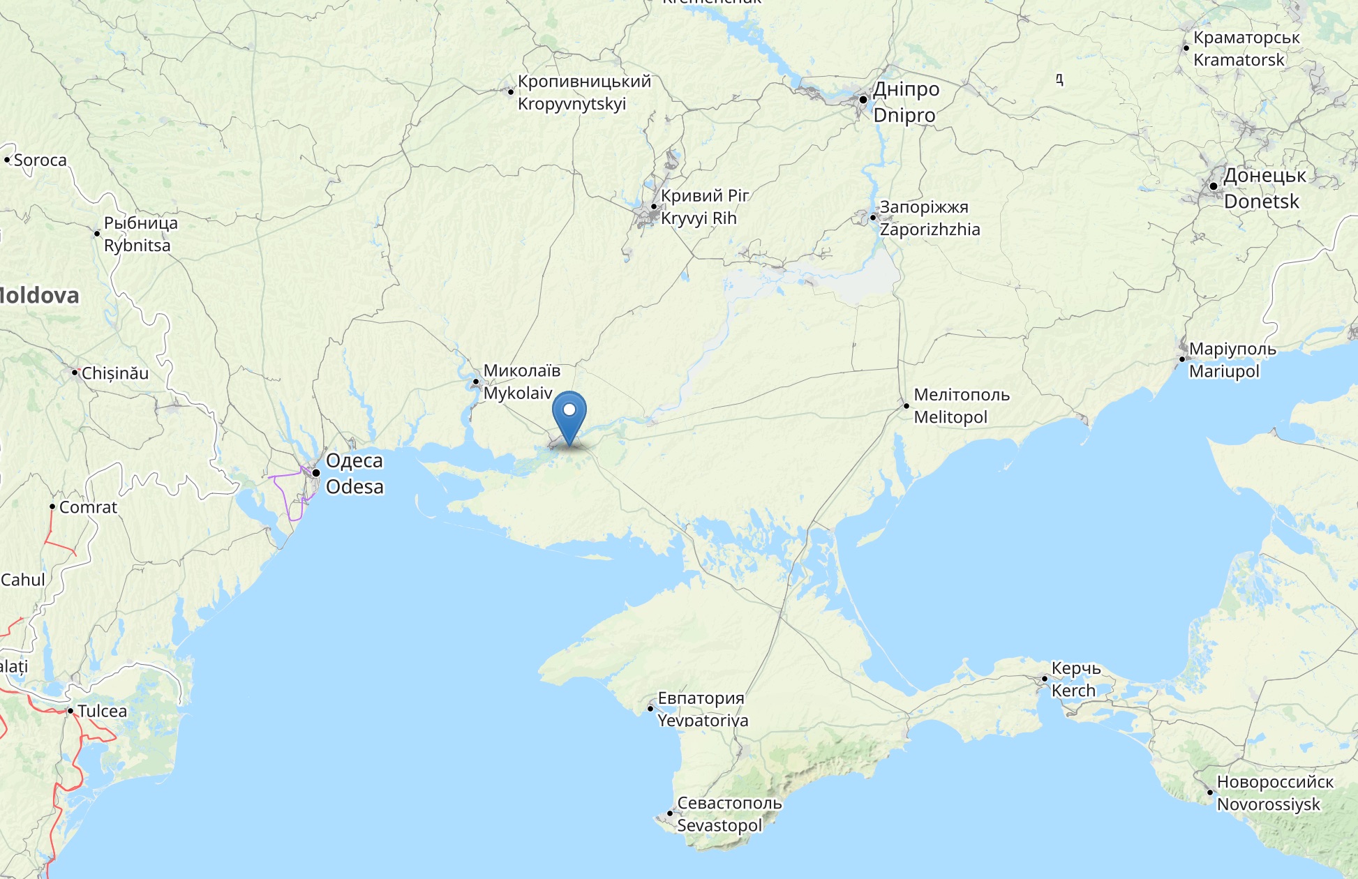 Mappa dell'Ucraina meridionale con indicata la localizzazione di Oleshky.