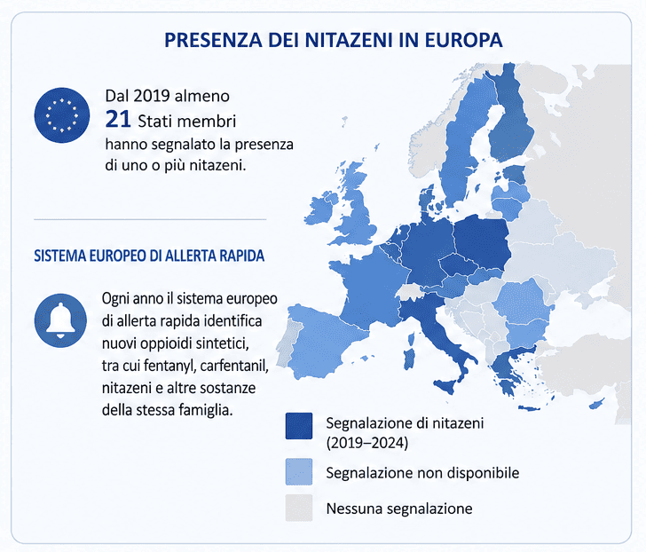 Presenza dei nitazeni in Europa: dal 2019 almeno 21 Stati membri hanno segnalato la presenza di uno o più nitazeni. Mappa UE con i Paesi che hanno segnalato nitazeni tra il 2019 e il 2024